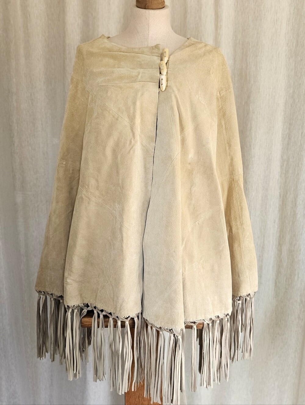 Vintage Autumn Fall Leather Suede Western Poncho Shawl Tan